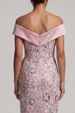 Vestito di mamma della sposa a paillettes rosa chiaro con paillettes lunghe come il tè con drappeggio