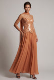 Abito della madre della sposa con paillettes bronzante in chiffon senza spalline fino alla caviglia
