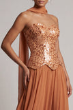 Abito della madre della sposa con paillettes bronzante in chiffon senza spalline fino alla caviglia
