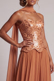 Abito della madre della sposa con paillettes bronzante in chiffon senza spalline fino alla caviglia
