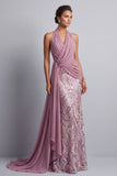 Glicine Chiffon con collo a capezza paillettes arricciate treno di sirena Abito madre della sposa con drappeggio