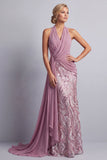 Glicine Chiffon con collo a capezza paillettes arricciate treno di sirena Abito madre della sposa con drappeggio