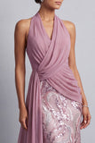 Glicine Chiffon con collo a capezza paillettes arricciate treno di sirena Abito madre della sposa con drappeggio