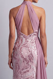 Glicine Chiffon con collo a capezza paillettes arricciate treno di sirena Abito madre della sposa con drappeggio