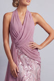 Glicine Chiffon con collo a capezza paillettes arricciate treno di sirena Abito madre della sposa con drappeggio