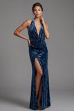 Velluto blu scuro con scollo a cappola arricciata Jacquard Abito lungo madre della sposa con fessura laterale
