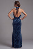 Velluto blu scuro con scollo a cappola arricciata Jacquard Abito lungo madre della sposa con fessura laterale