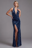Velluto blu scuro con scollo a cappola arricciata Jacquard Abito lungo madre della sposa con fessura laterale