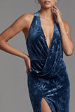 Velluto blu scuro con scollo a cappola arricciata Jacquard Abito lungo madre della sposa con fessura laterale