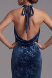 Velluto blu scuro con scollo a cappola arricciata Jacquard Abito lungo madre della sposa con fessura laterale