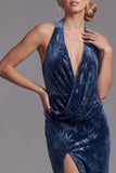 Velluto blu scuro con scollo a cappola arricciata Jacquard Abito lungo madre della sposa con fessura laterale