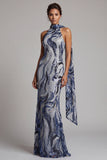 Papillettes blu navy Abito Madre della Sposa Scollo Alto Lungo con Perline
