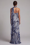 Papillettes blu navy Abito Madre della Sposa Scollo Alto Lungo con Perline