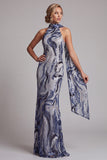Papillettes blu navy Abito Madre della Sposa Scollo Alto Lungo con Perline