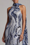 Papillettes blu navy Abito Madre della Sposa Scollo Alto Lungo con Perline