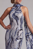Papillettes blu navy Abito Madre della Sposa Scollo Alto Lungo con Perline