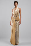 Velluto champagne con collo a cappuccio floreale Jacquard Fodero lungo abito madre della sposa con fascia