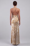 Velluto champagne con collo a cappuccio floreale Jacquard Fodero lungo abito madre della sposa con fascia