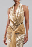 Velluto champagne con collo a cappuccio floreale Jacquard Fodero lungo abito madre della sposa con fascia