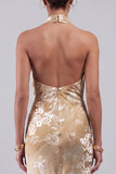 Velluto champagne con collo a cappuccio floreale Jacquard Fodero lungo abito madre della sposa con fascia