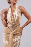 Velluto champagne con collo a cappuccio floreale Jacquard Fodero lungo abito madre della sposa con fascia