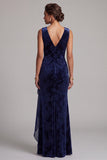 Abito Madre della Sposa Lungo Abito Madre della Sposa in velluto blu navy scuro con scollo a V