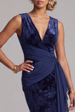 Abito Madre della Sposa Lungo Abito Madre della Sposa in velluto blu navy scuro con scollo a V