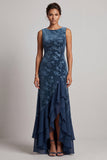Abito Madre della Sposa asimmetrico con scollo battau blu navy con fessura a volant