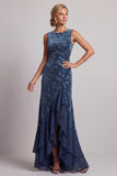 Abito Madre della Sposa asimmetrico con scollo battau blu navy con fessura a volant