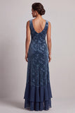 Abito Madre della Sposa asimmetrico con scollo battau blu navy con fessura a volant