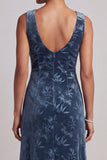 Abito Madre della Sposa asimmetrico con scollo battau blu navy con fessura a volant
