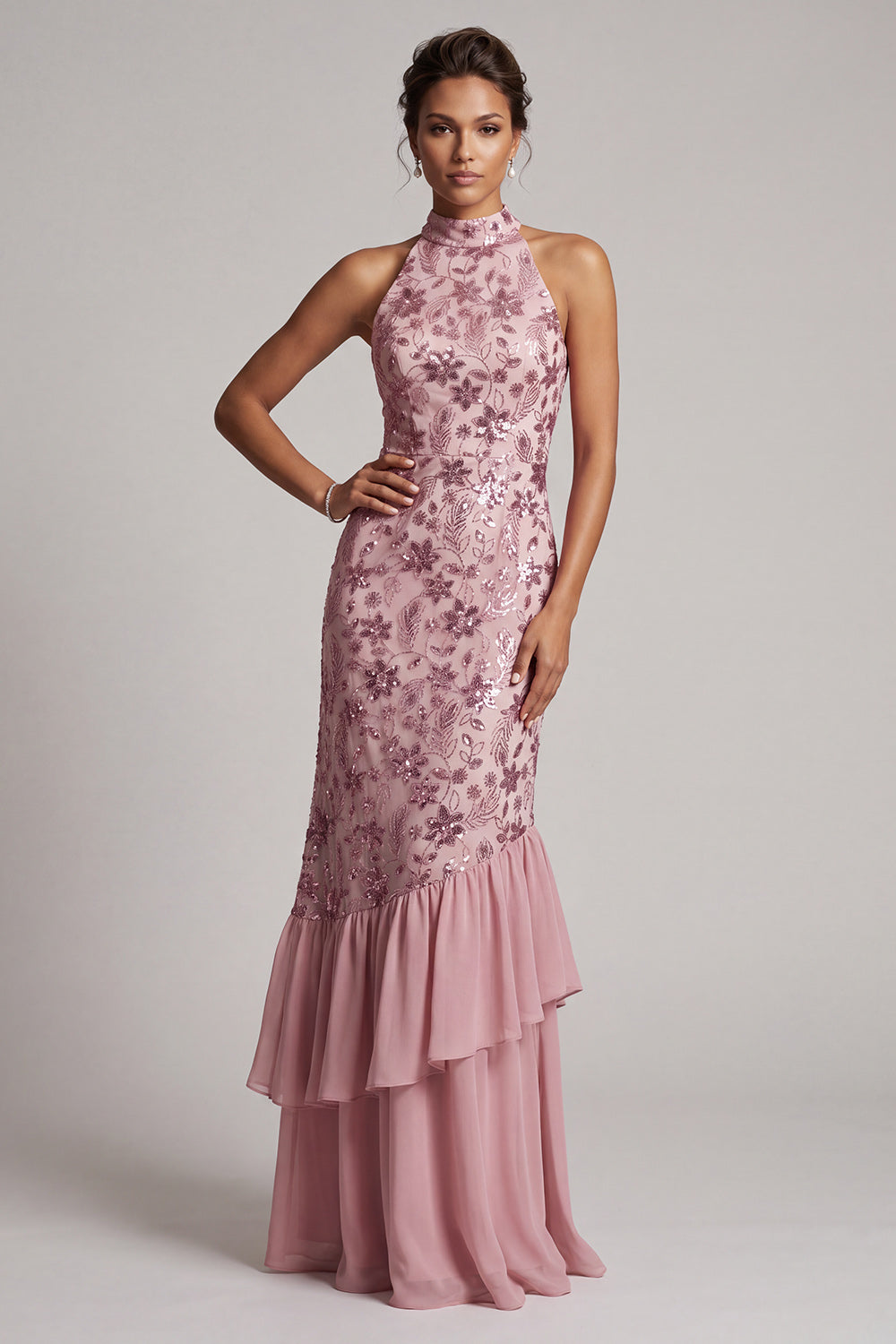 Paillettes a livelli malva vintage Guaina senza schienale Abito lungo Madre della sposa