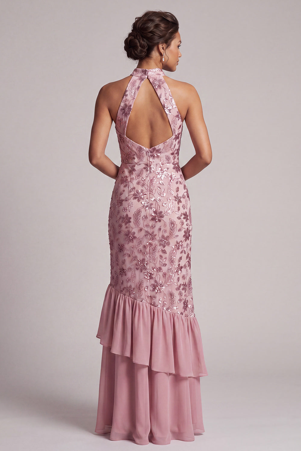 Paillettes a livelli malva vintage Guaina senza schienale Abito lungo Madre della sposa