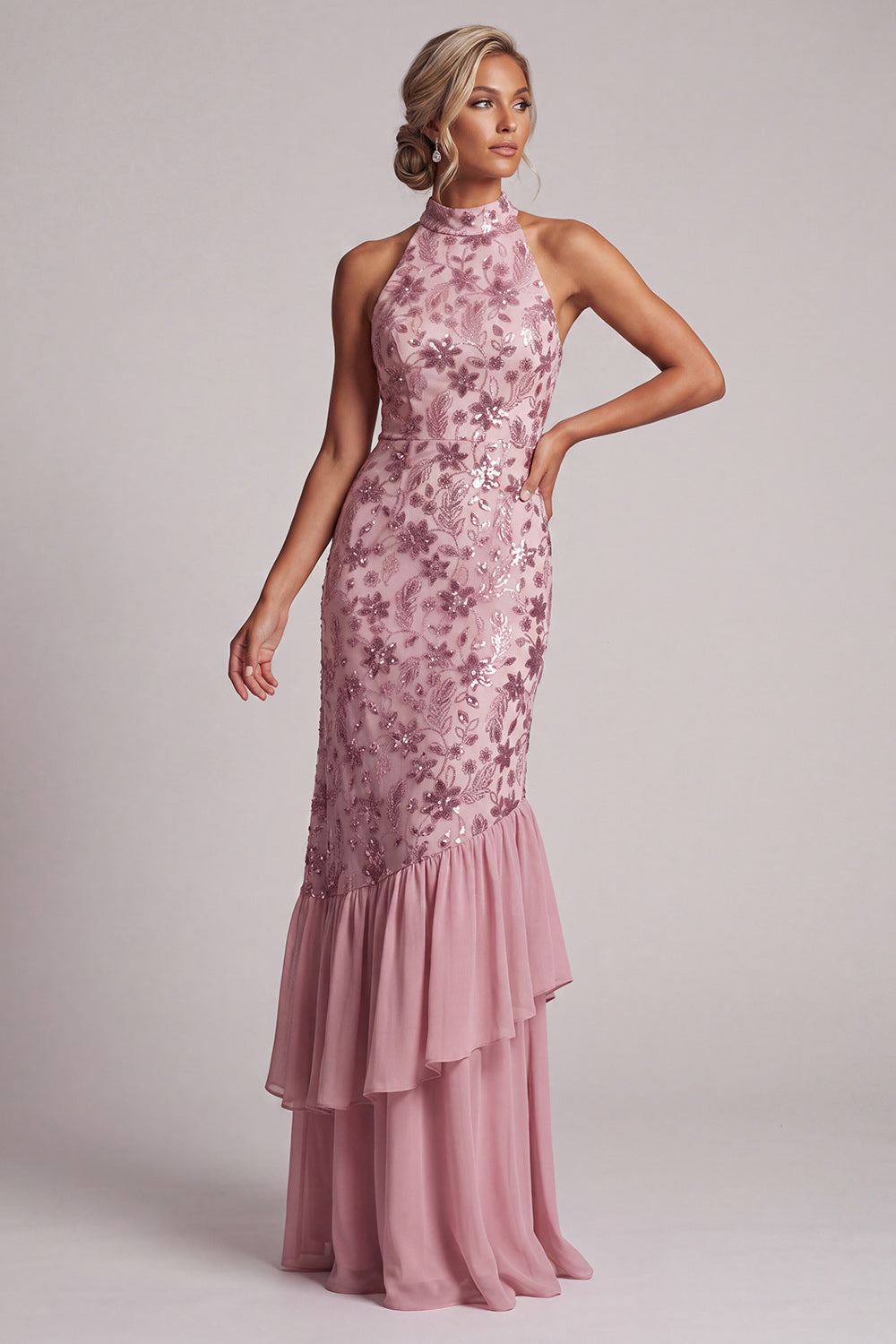 Paillettes a livelli malva vintage Guaina senza schienale Abito lungo Madre della sposa