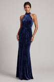 Abito lungo di sirena in velluto blu navy con collo alto, scollo alto, lunga