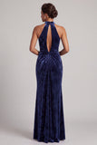 Abito lungo di sirena in velluto blu navy con collo alto, scollo alto, lunga