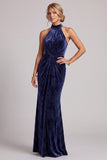 Abito lungo di sirena in velluto blu navy con collo alto, scollo alto, lunga