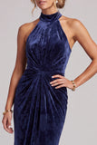 Abito lungo di sirena in velluto blu navy con collo alto, scollo alto, lunga