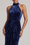 Abito lungo di sirena in velluto blu navy con collo alto, scollo alto, lunga