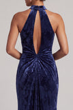 Abito lungo di sirena in velluto blu navy con collo alto, scollo alto, lunga