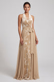 Velluto Champagne con collo a capezza Jacquard arricciato lungo abito madre della sposa con fascia
