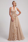 Velluto Champagne con collo a capezza Jacquard arricciato lungo abito madre della sposa con fascia