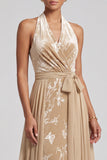 Velluto Champagne con collo a capezza Jacquard arricciato lungo abito madre della sposa con fascia