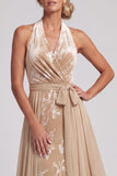 Velluto Champagne con collo a capezza Jacquard arricciato lungo abito madre della sposa con fascia