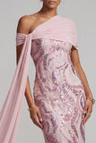 Abito lungo sirena lunga Madre della Sposa rosa rosa scintillante con perline