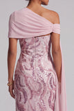 Abito lungo sirena lunga Madre della Sposa rosa rosa scintillante con perline