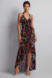 Velluto nero floreale con scollo a capezza alto basso asimmetrico abito Mother of the Bride Mother of the Bride con fessura laterale