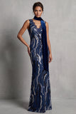 Abito lungo di merletto in pizzo blu navy sirena con drappeggio