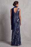 Abito lungo di merletto in pizzo blu navy sirena con drappeggio
