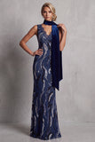 Abito lungo di merletto in pizzo blu navy sirena con drappeggio